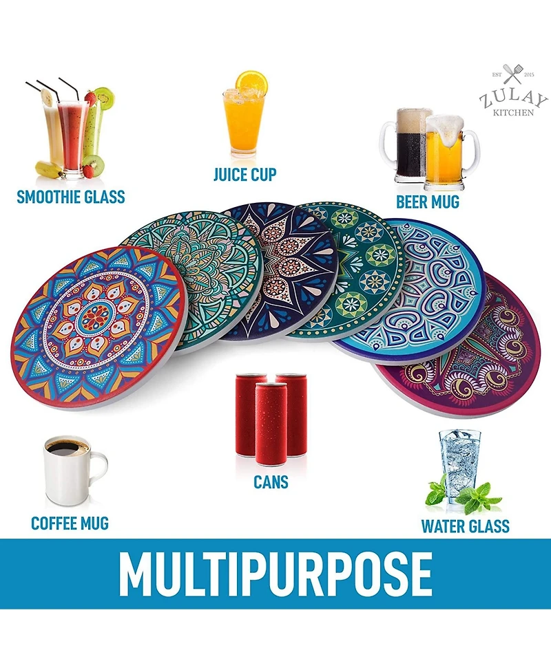 Zulay Kitchen Mandala Coasters with Holder & Cork Base - 6 Pc.
