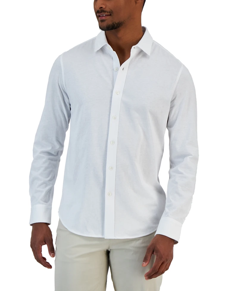 Alfani Men's Classic-Fit Heathered Jersey-Knit Button-Down Shirt, Created for Macy's