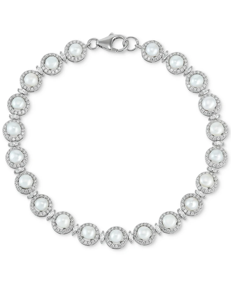 Arabella Cultured Freshwater Button Pearl (4 - 4-1/2mm) & Cubic Zirconia Link Bracelet in Sterling Silver