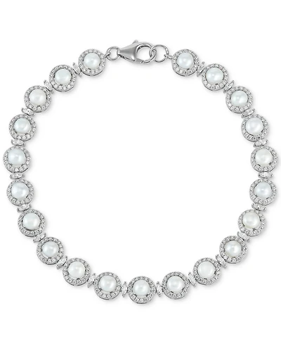 Arabella Cultured Freshwater Button Pearl (4 - 4-1/2mm) & Cubic Zirconia Link Bracelet in Sterling Silver