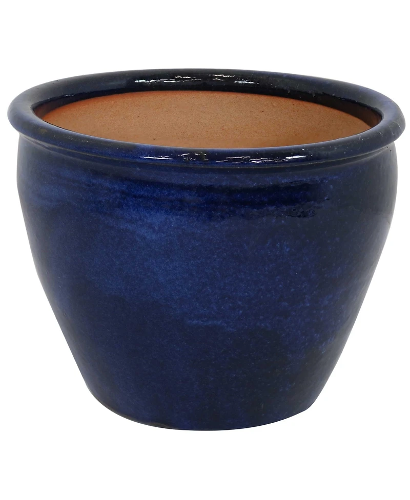Large Ceramic Planter - Indoor or Outdoor Plant Pot with Drainage Holes - Imperial Blue Glaze Finish - 15