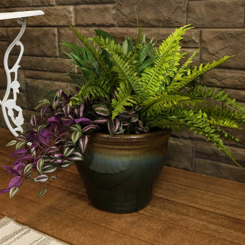 Large Ceramic Planter - Indoor or Outdoor Plant Pot with Drainage Holes - Forest Lake Green Glaze Finish - 15" - Studio