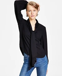 Bar Iii Women's Tie Neck Cinched Sleeve Blouse, Created for Macy's