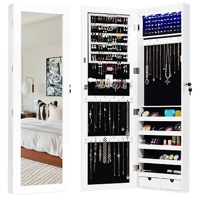 Costway Wall Mounted Mirrored Jewelry Cabinet Organizer w/Led Lights