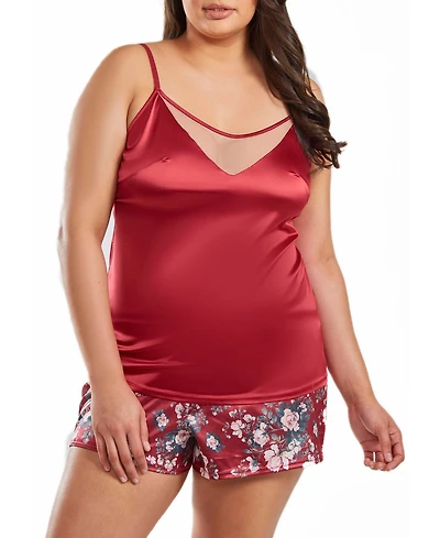 iCollection Jenna Plus Size Contrast Satin Tank and Floral Short Set