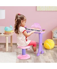 Kids Piano Keyboard Drum Set with Sounds, Microphone, Stool