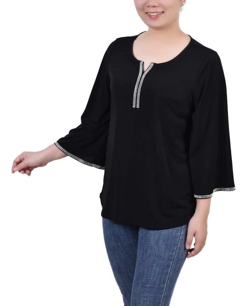 Ny Collection Petite 3/4 Bell Sleeve Top with Stones