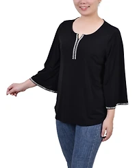 Ny Collection Petite 3/4 Bell Sleeve Top with Stones