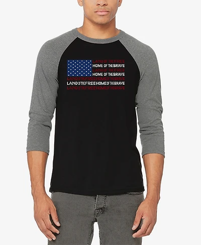 La Pop Art Men's Raglan Baseball 3/4 Sleeve Land of The Free American Flag Word T-shirt