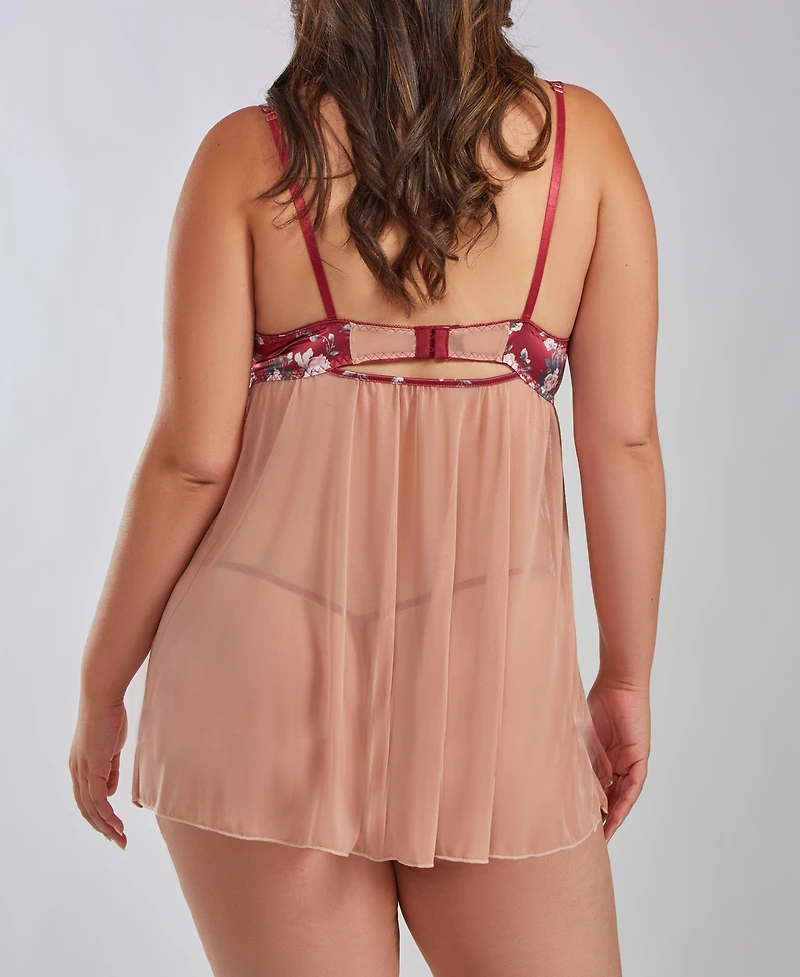 iCollection Kia Plus Mesh and Smooth Micro Floral Soft Bra Babydoll with Matching Panty, 2 Piece