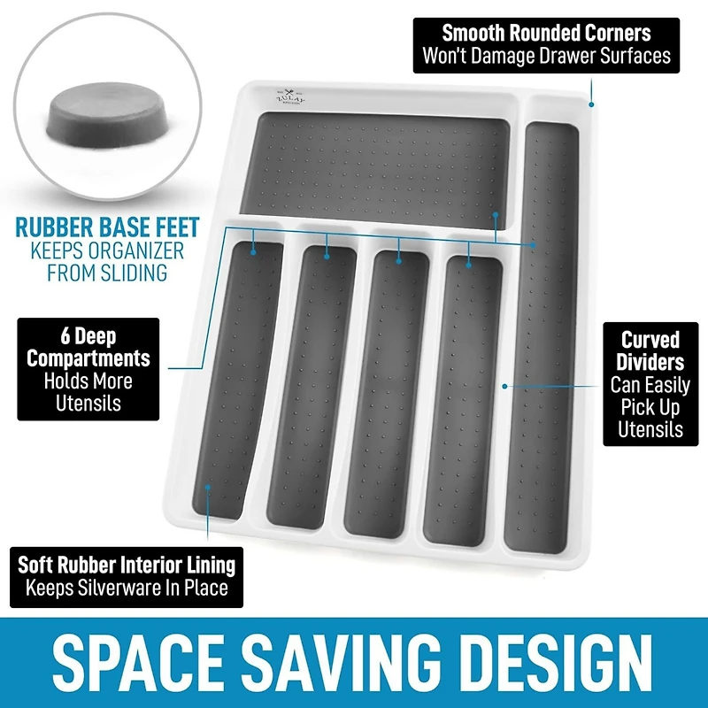 Kitchen Utensil Drawer Organizer Tray with Soft Grip Interior Lining (6 Compartment)