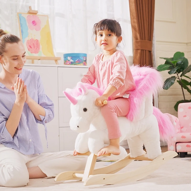 Qaba Kids Rocking Chair with Sound, Wood Base Seat, Unicorn