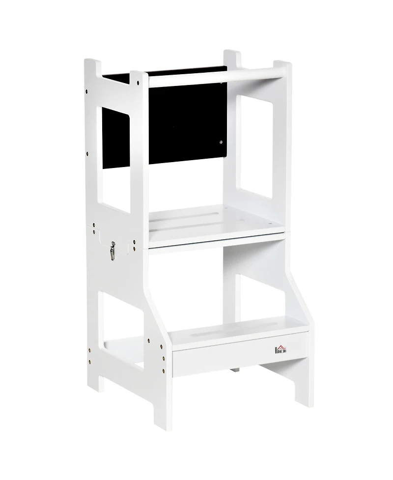 Qaba 2in1 Kids Kitchen Step Stool Table Chair Set w/ Chalkboard, White