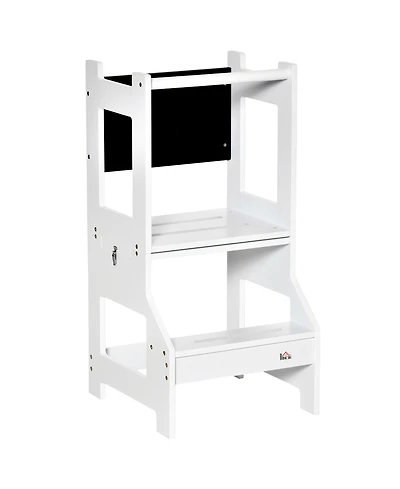 Qaba 2in1 Kids Kitchen Step Stool Table Chair Set w/ Chalkboard, White