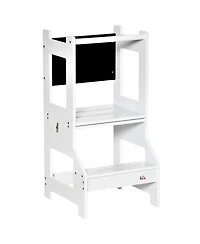 Qaba 2in1 Kids Kitchen Step Stool Table Chair Set w/ Chalkboard, White