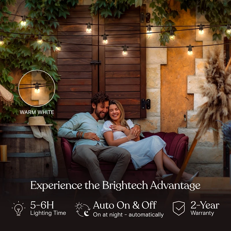Brightech Ambience Pro 27 ft. Outdoor Solar Led 1-Watt G40 String Lights with Warm White Hue
