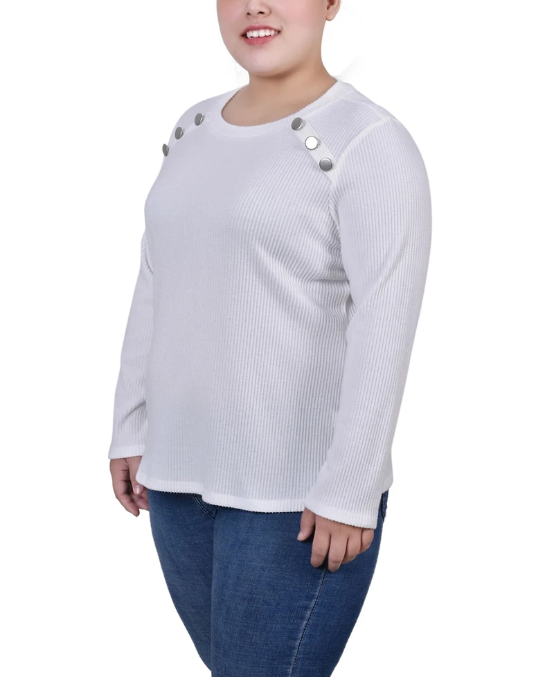 Ny Collection Plus Long Sleeve Ribbed Button Detail Top