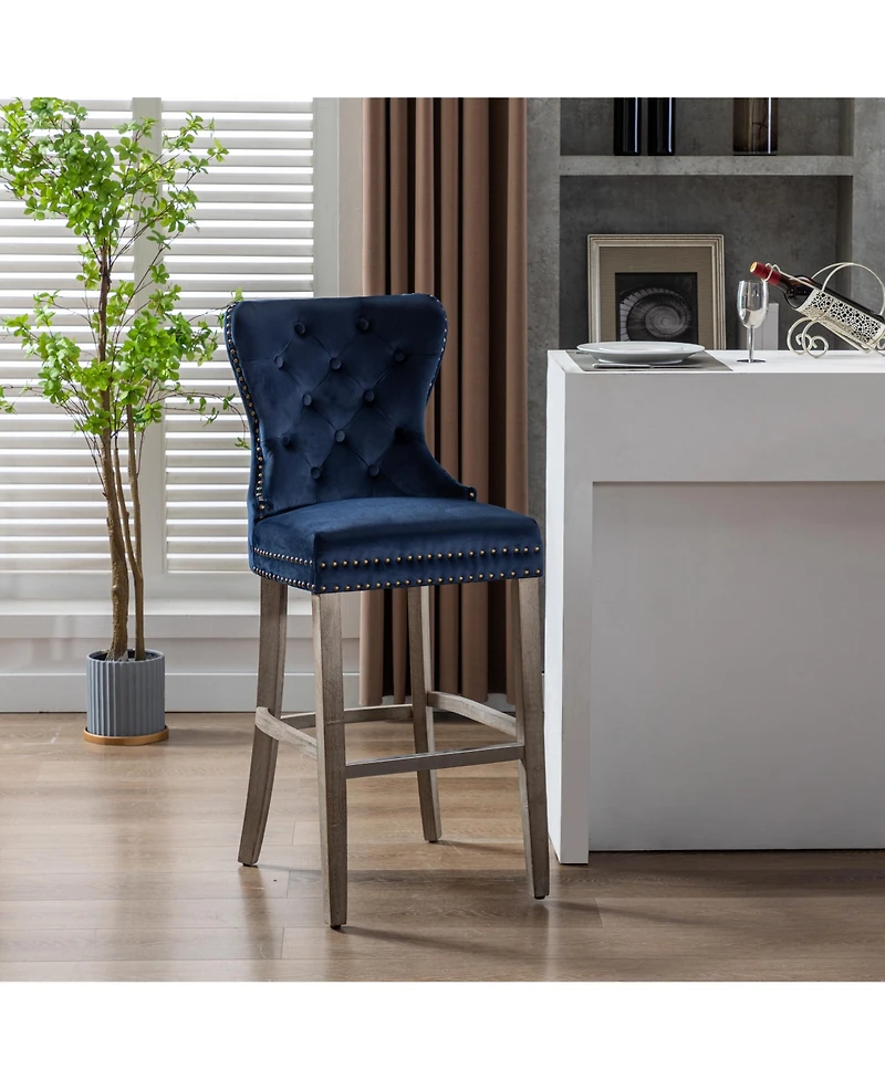 Tufted Upholstered Velvet Bar Stool with Metal Footrest