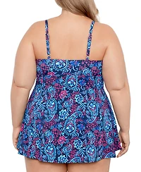 Swim Solutions Plus Size Tummy Control Printed Tie-Waist Swim Dress, Created for Macy's