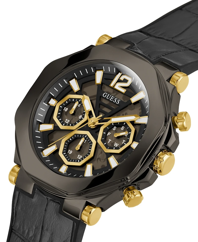Guess Men's Multi-Function Black and Gunmetal Genuine Leather and Silicone Watch 46mm