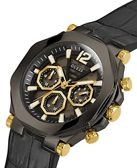 Guess Men's Multi-Function Black and Gunmetal Genuine Leather and Silicone Watch 46mm