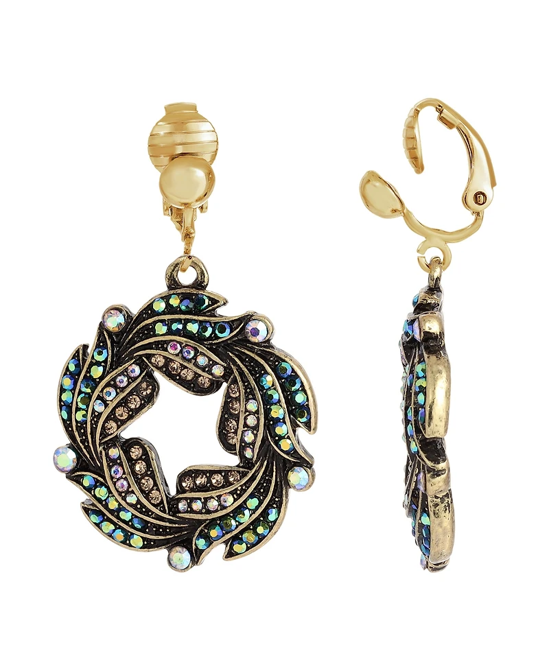 2028 Women's Gold-Tone Blue Iridescent Ab Glass Stone Wreath Clip Earrings