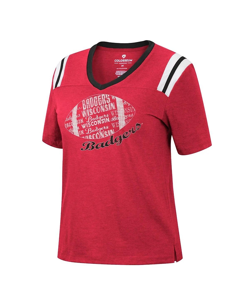 Women's Colosseum Heathered Red Wisconsin Badgers 15 Min Early Football V-Neck T-shirt