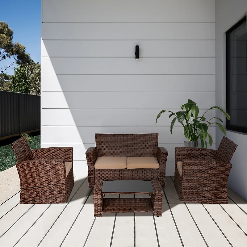 WestinTrends 4 Piece Outdoor Wicker Rattan Conversation Sofa set with Coffee table