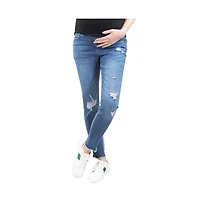 Indigo Poppy Chewed Hem Maternity Skinny Jean with Destructed Back Pocket