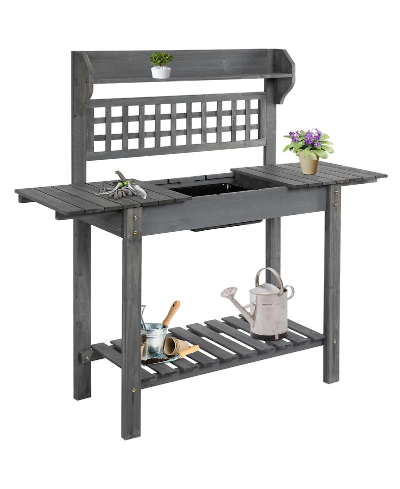 Wooden Outdoor Potting Bench with Sink Basin & Clapboard, Natural