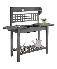 Wooden Outdoor Potting Bench with Sink Basin & Clapboard, Natural