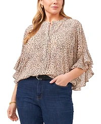 Vince Camuto Plus Size Cheetah-Print Pintuck V-Neck 3/4- Flutter-Sleeve Blouse