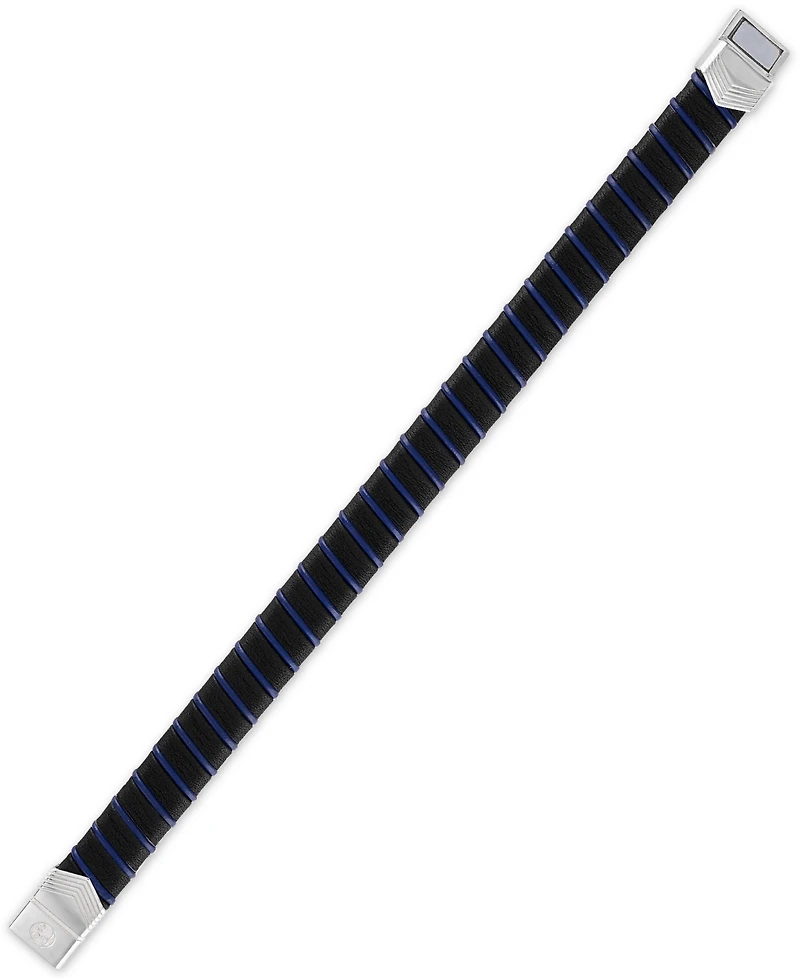 Esquire Men's Jewelry Woven Black & Blue Leather Bracelet in Sterling Silver, Created for Macy's