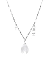 Macy's Clear Quartz Pear Shape Bead 16mm Faith Charm Necklace in Fine Silver Plated Brass
