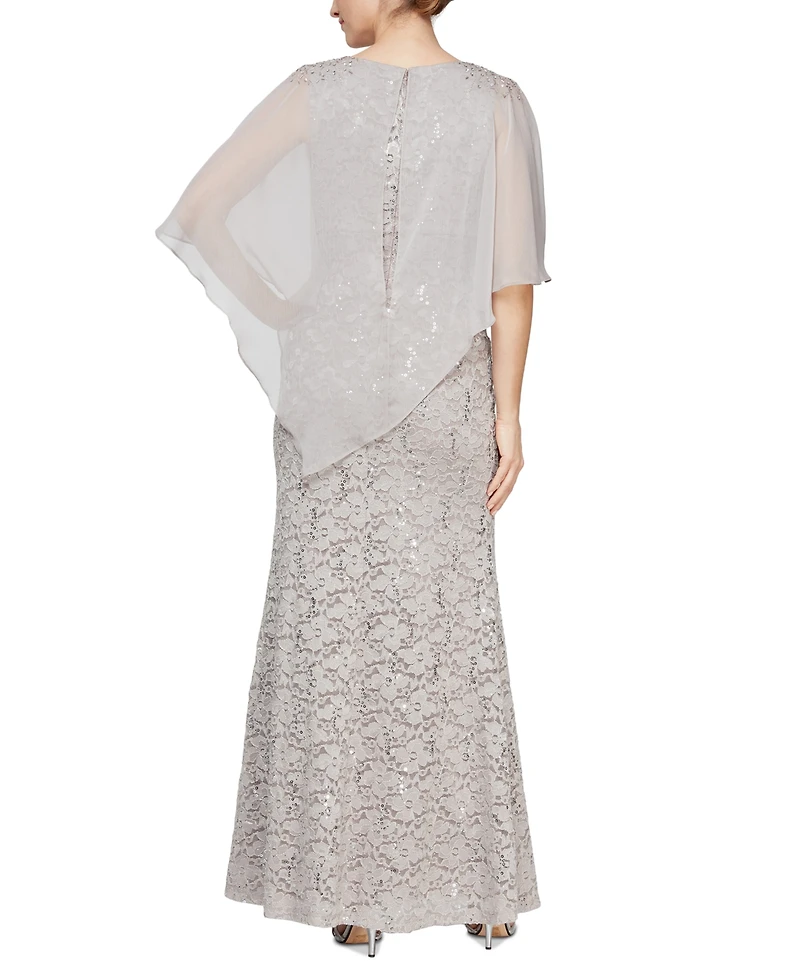 Sl Fashions Women's Sequin Lace Chiffon Caplet Gown