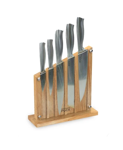 Wolfgang Puck 6-Piece Stainless Steel Knife Set with Knife Block Carbon Stainless Steel Blades and Ergonomic Handles Blonde Wood Block with Acrylic Sa