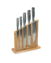 Wolfgang Puck 6-Piece Stainless Steel Knife Set with Knife Block Carbon Stainless Steel Blades and Ergonomic Handles Blonde Wood Block with Acrylic Sa