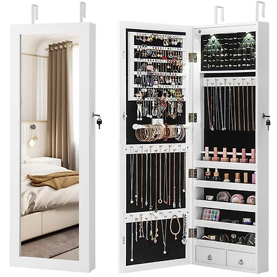 Costway Wall Mount Mirrored Jewelry Cabinet Organizer Led Lights