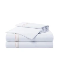 Aston Arden Sateen California King Sheet Set 1 Flat Sheet 1 Fitted Sheet 2 Pillowcases 600 Thread Count Sateen Cotton Pristine White With Fine Baratta Embroidered 3 Striped Hem