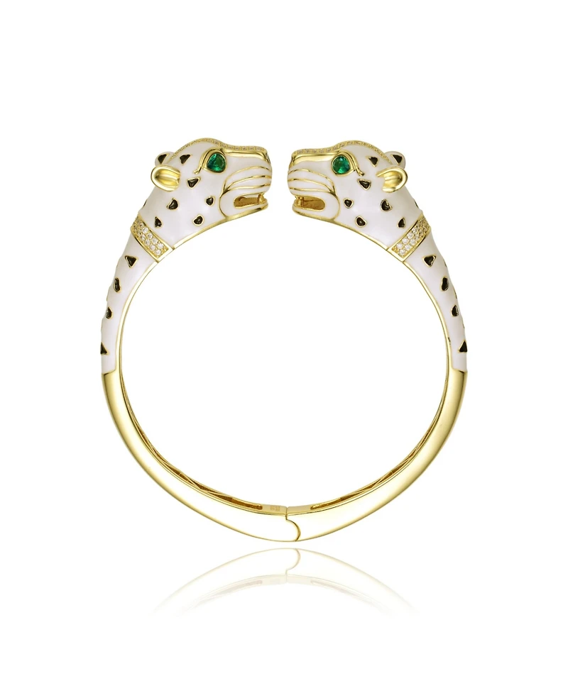 Sterling Silver 14K Gold Plated and Black Cubic Zirconia Panther Swivel Bangle Bracelet