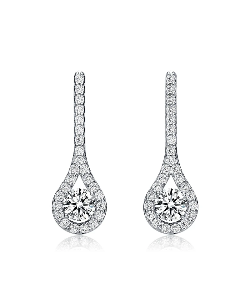 Sterling Silver with Rhodium Plated Clear Round Cubic Zirconia Solitaire with Accent Teardrop Earrings