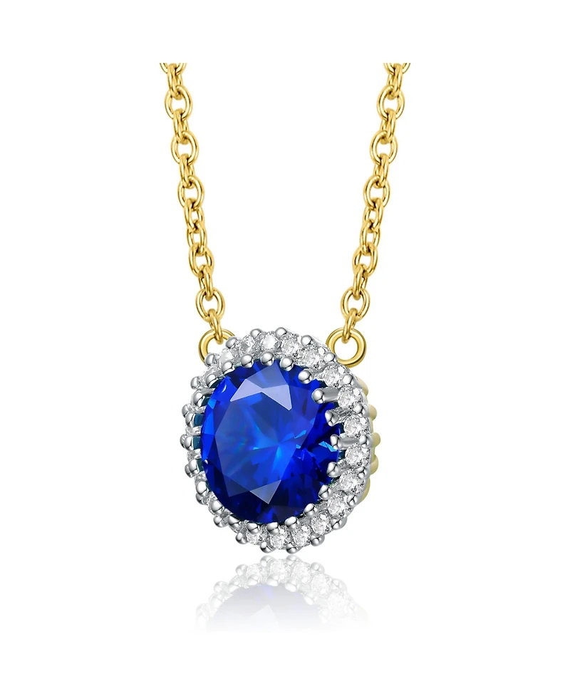 Sterling Silver Two-Tone Cubic Zirconia Round Colored Necklace with Gold Link Chain