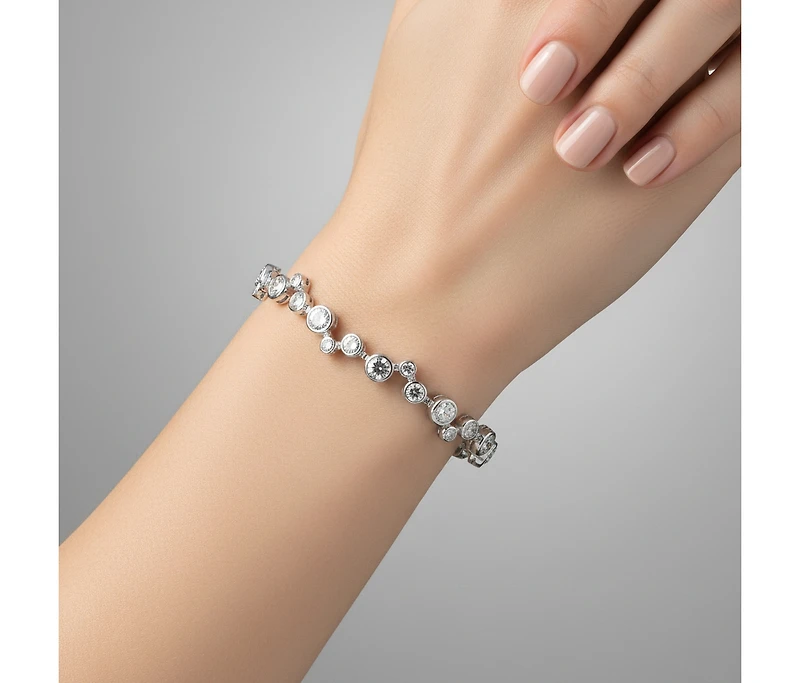 Genevive Cubic Zirconia Sterling Silver White Gold Plated Round Bezel Set Bracelet