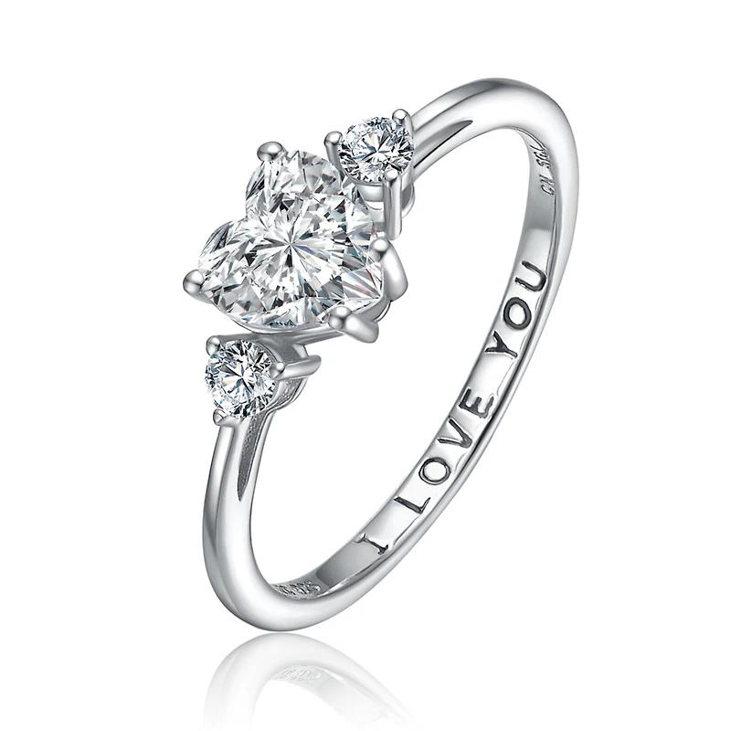 Sterling Silver Heart and Round Clear Cubic Zirconia's Three-Stone "I Love You" Ring