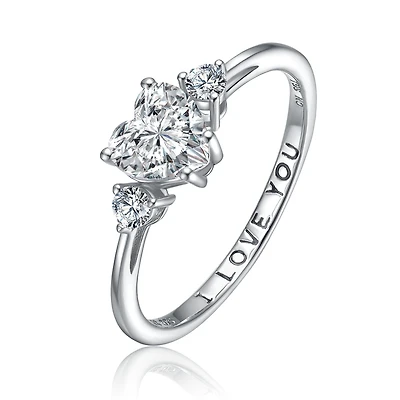 Sterling Silver Heart and Round Clear Cubic Zirconia's Three-Stone "I Love You" Ring