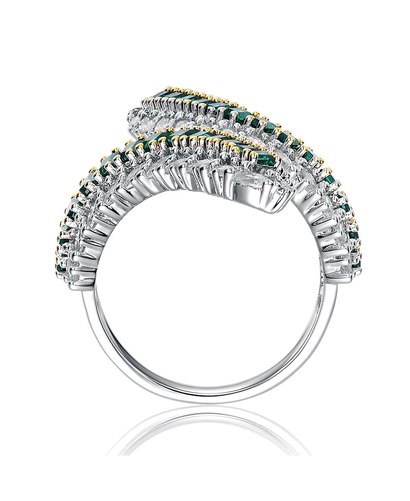 Sterling Silver Rhodium Plated with Green Cubic Zirconia Bypass Ring