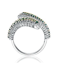 Sterling Silver Rhodium Plated with Green Cubic Zirconia Bypass Ring