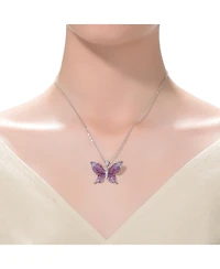 Sterling Silver with Rhodium and Black Plated Red Cubic Zirconia Butterfly Pendant Necklace