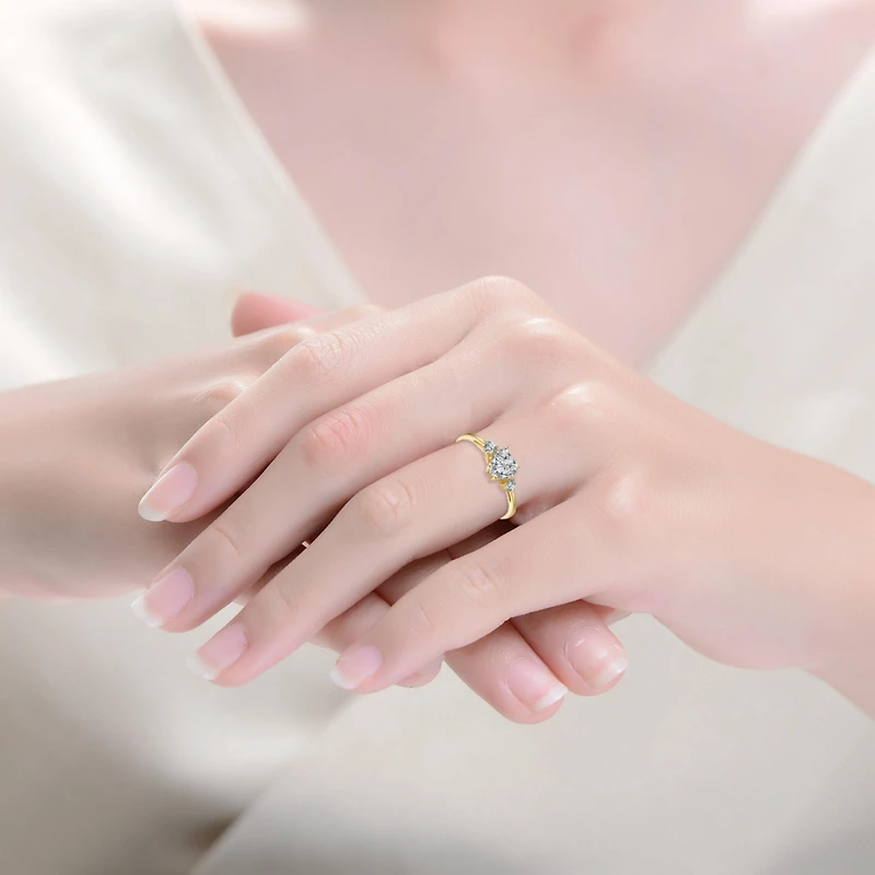 Sterling Silver Heart and Round Clear Cubic Zirconia's Three-Stone "I Love You" Ring