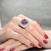 Sterling Silver White Gold Plated Pink Ascher Cubic Zirconia with Clear Round Zirconia's Double Halo Cocktail Ring